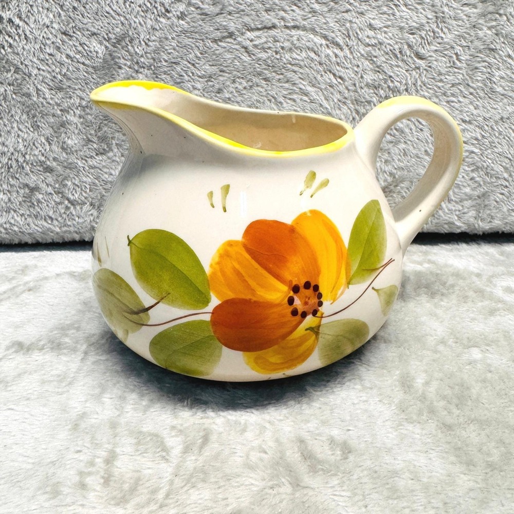Hand Paintedβ Portugal Cream Ceramic Pitcher Orange Floral Yellow Trim